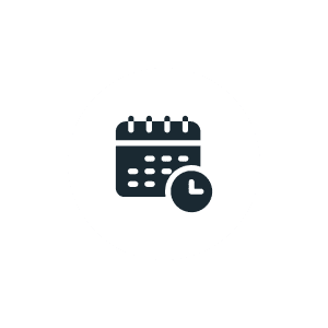 Calendar icon with clock symbol inside circle.