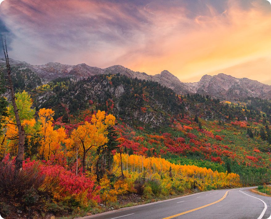 Mountain road with colorful autumn foliage.